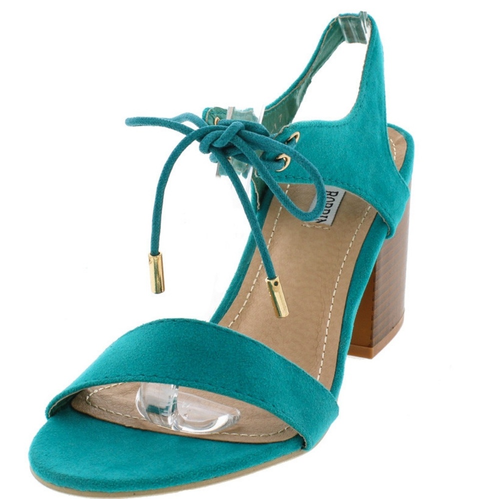 ๐๏ธ Open Toe Lace Up Turquoise Chunky Heel Shoes - Picture 3 of 6
